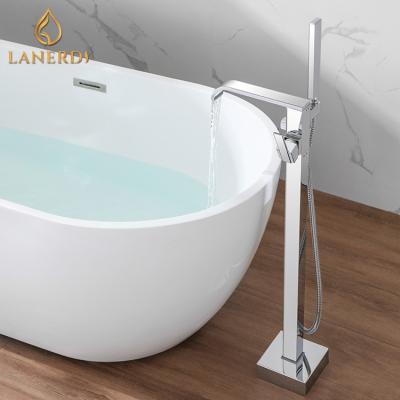 China Free Standing Waterfall Brass Square Chrome Slide Bar Bathtub Mixer Tap Floor Standing Shower Set With Brass Body for sale