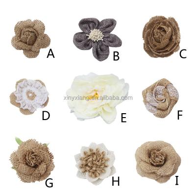 China Factory Eco-Friendly Custom Made Burlap Decorative Flower Center, Natural Hessian Burlap Handmade Burlap Retro Decor Flowers Wedding for sale