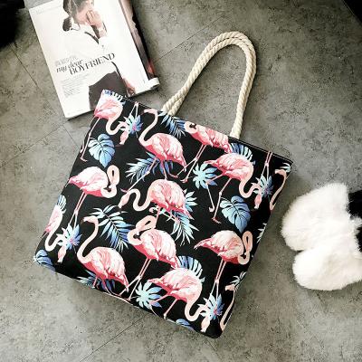 China Handled 2019 Women Summer Canvas Beach Bag Flamingo Tote Bag With Rope Handle Custom Print for sale