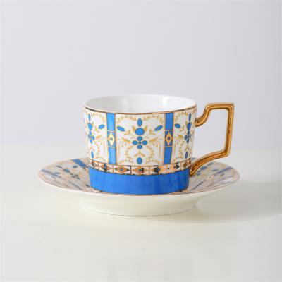 China Viable Elegant Handle Rim European Ceramic Tea Cup Gold Decal Handle Set Bone China Coffee Cup And Saucer for sale