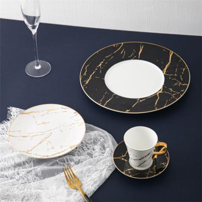 China Sustainable New Products Decal Printed Dinnerware Bone China Luxury Marbling Dinner Set With Gold Rim for sale