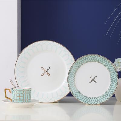 China 4pcs CeramicTableware Green Decal Design Bone China Dinnerware Set Porlelain Stocked Elegant Dinner Set Cup Saucer Dish for sale