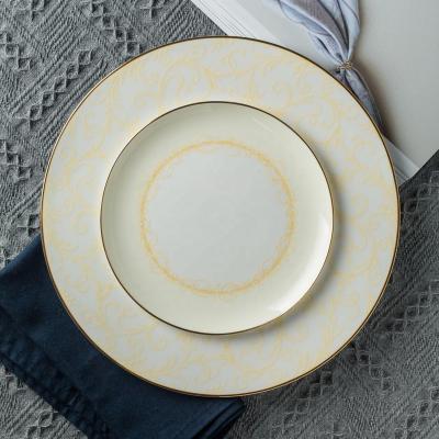 China Viable Fine Gold Rim Luxury Bone China Tableware Charger Round Dish Restaurant Dish For Dinner for sale