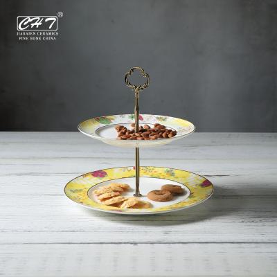 China Sustainable Popular 2 Layers Modern Restaurant Snack Plates 2 Tier Bone China Cake Serving Dish Set Popular for sale