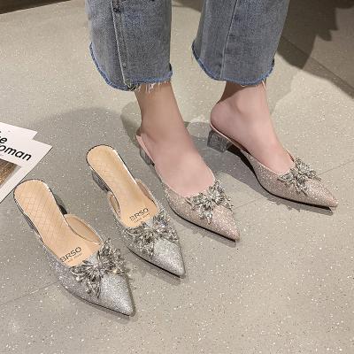 China Size Increasing 2022 Wholesale Fashion Design Summer Butterfly Crystal Pointed Clear Chunky Heels Slide Sandal for sale