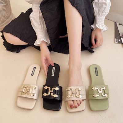 China Fashion trend designer summer plain slide outdoor casual sandal c shaped pu metallic decorative rubber green sandals ladies flat sandals for sale