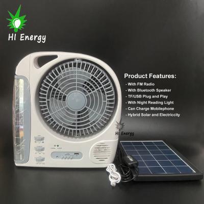 China HiEnergy Rechargeable and Solar Powered 8 Inch Portable Rechargable Solar Fan with Solar Panel and Blue Tooth Speaker for sale