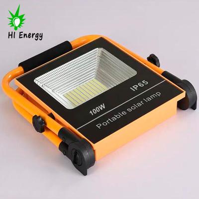 China HiEnergy 100W Foldable Rechargeable Emergency Bracket U Shape Solar Flood Light With Portable USB Charger Port for sale