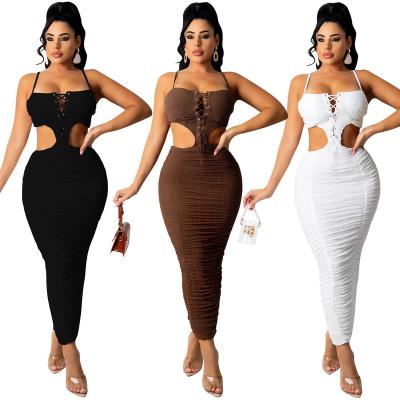 China Summer solid color washable halter straps pleated backless sexy bodycon maxi dress for women outfits for sale