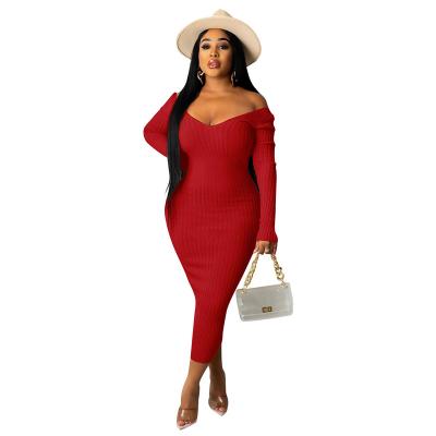 China High Guality Solid Color Women V-Neck Bodycon Anti-Static Sheath Dresses Long Big Thread Slim Fit Sexy Maxi Dress for sale