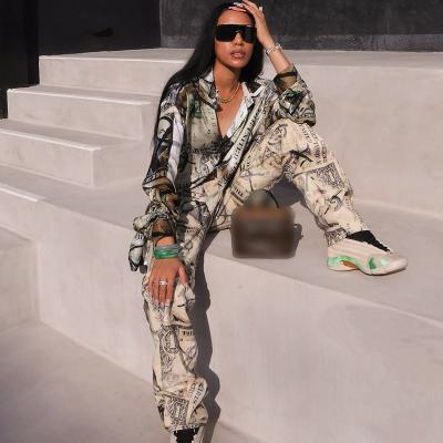 China USD 2021 Autumn Viable Women Printed Suit Long Sleeve Long Pants Loose Women Casual Dress Two Piece Set for sale