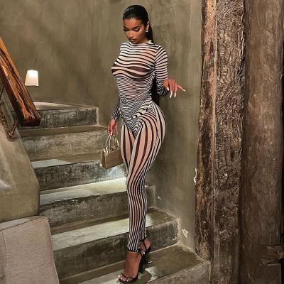 China Mesh Material Long Sleeve Sustainable T-shirt Elastic Waist Pencil Pants Stripe Print Two Piece Panties Set Casual Women for sale