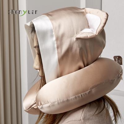 China Wholesale Custom Anti-static Travel 100% Silk Mulberry Airplane U Shaped Pillow With Hat For Sleeping Support Neck for sale