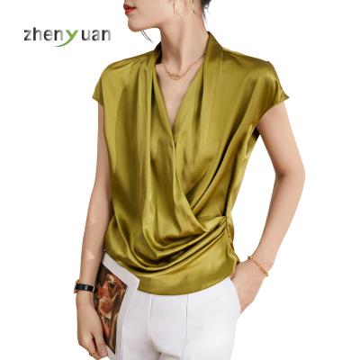 China Top Pure Color 100% Silk Shirts Real Fashion Women's V-Neckline Anti-Wrinkle Anti-Wrinkle Blouses Real Shirts For Women for sale