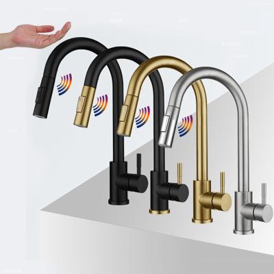 China Modern Gold Sink Kitchen Faucets Water Sense 304 Stainless Steel Black Brushed Color Pull Out Smart Touch Sensor Kitchen Faucet for sale