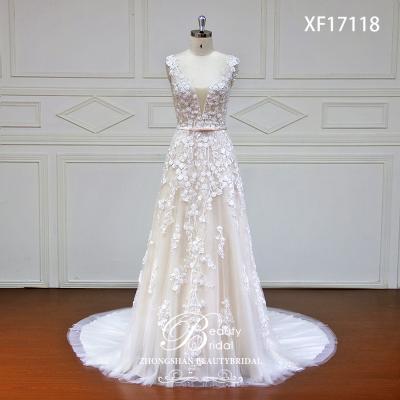 China XF17118 high quality and simple chiffon straight boho wedding dress anti-static with beautiful beading lace for sale