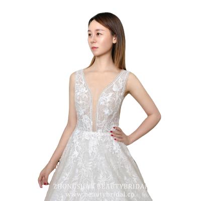 China Anti-Static Elegant V-Neckline With 3D Flower Luxury Lace Wedding Dress Sleeveless A-Line Wedding Dress For Ladies Women for sale