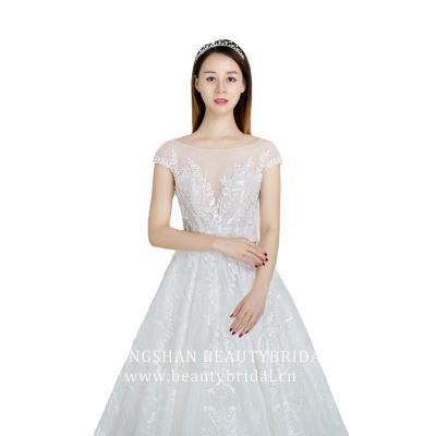 China 2020 newest fashion design of lace applique wedding dress brida luxury lgown Anti-wrinkle with crystal beading and elegent big bow on the back for sale