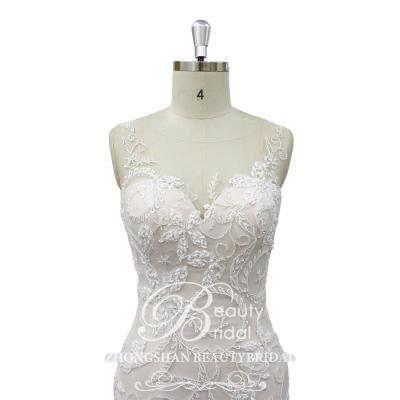 China Breathable Illusion Neckline Round Lace Applique Mermaid Wedding Dress for sale