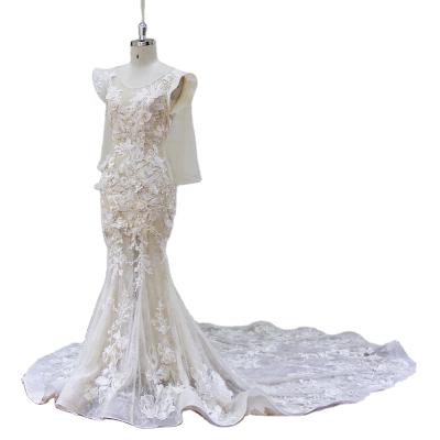 China Factory price hot sale adult mermaid Anti-wrinkle luxury wedding dress with pretty champagne color 3D lace wedding dress for sale