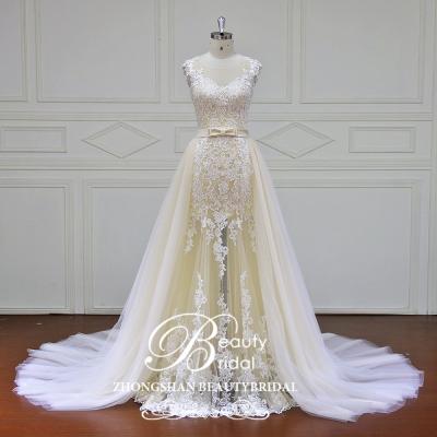 China Breathable Elegant Champagne See Mermaid Wedding Dress With Removable Tulle Overskirt for sale