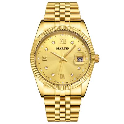 China Custom Luxury Gold Diamonds Brand Day/Date Logo Luminous Quartz Watches Men Stands Gift Stainless Steel Waterproof Private Label Watch for sale