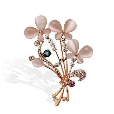 China Korean Rose Gold Plated Zircon Crystal Opal ALLOY Bouquet Brooches Pins Shape Jewelry For Women for sale