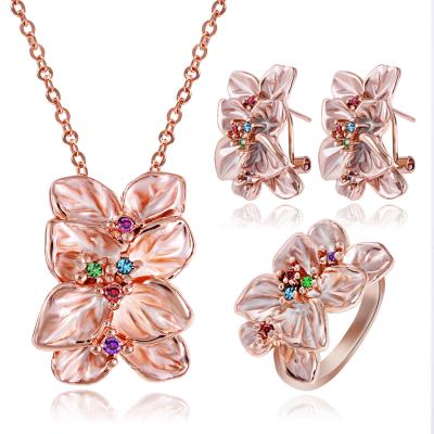 China TRENDY Christmas Gift Rose Gold Plated Gardenia Flower Rhinestone Crystal Vintage Bridal Jewelry Sets Fashion For Women for sale