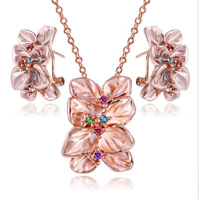 China TRENDY 2021 Gifts Rose Gold Plated Rhinestone Vintage Rose Crystal Flower Bridal Jewelry Sets Fashion For Women for sale