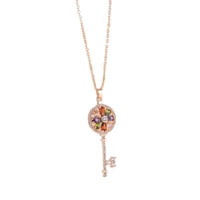 China CLASSIC Colorful Zircon Rose Gold Plated Key Pendant Necklace Valentine's Day Gift For Girls for sale