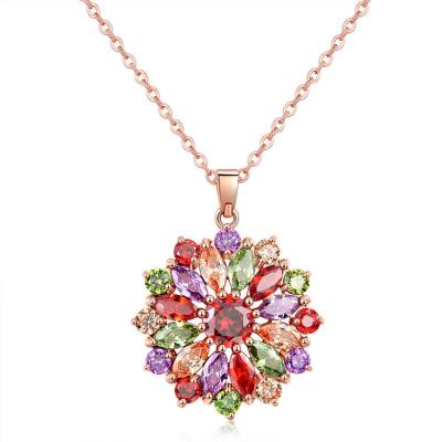 China CLASSIC Full Copper Colored Zircon Flower Rose Gold Plated Zircon Flower Pendant Necklace for Elegant Women for sale