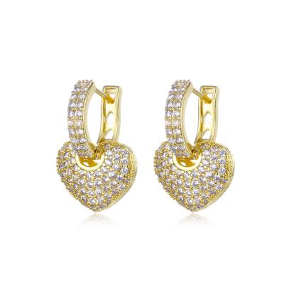 China Trendy Platinum Plated Full Heart Brass Drill Zircon Drop Earrings For Women Personality Fashion Jewelry 2022 for sale