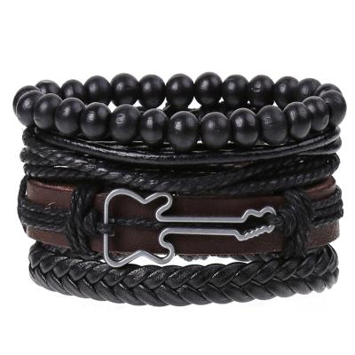 China Fashion New 4 Pcs TRENDY/Men's Vintage Multilayer Guitar Bracelet Multilayer Leather Braided Handmade Beaded Rope Wrapped Bracelets for sale