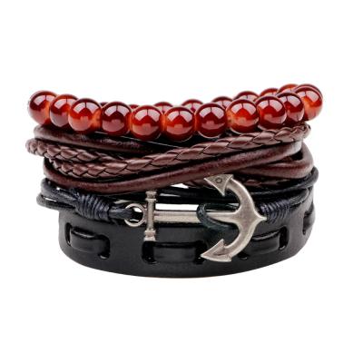 China TRENDY Pearl Men's Bracelets Steel For Men And Fashion Anchor Triangle Leather Bracelet And Wrap Bracelets Multilayer Wide Jewelry 2022 for sale