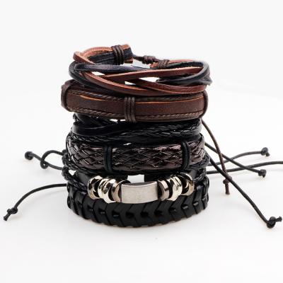 China TRENDY 6 Pcs Vintage Leather Bracelet Fashion Hand Knitted Feather Leaf Multilayer Leather Bracelet and Shapes Men's Bracelet Gift for sale