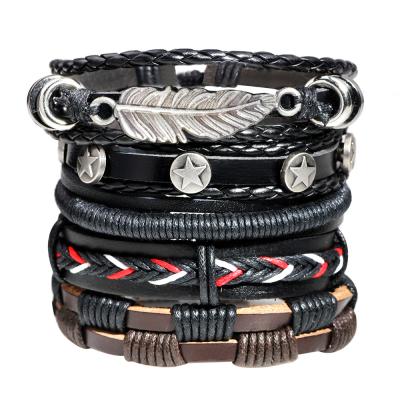 China TRENDY Vintage Leather Bracelet Fashion Hand Knitted Feather Leaf Multilayer Leather Bracelet and Shapes Men's Bracelet Gift for sale