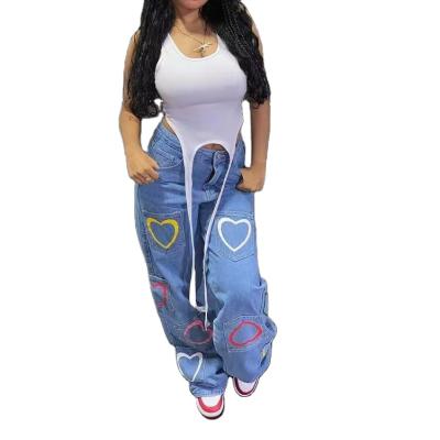 China New Antibacterial Multi-pocket Heart Shaped Colorful Printed Jeans Gaiters Flared Pants for sale