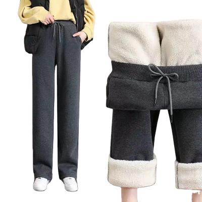 China Antibacterial Women's Winter Autumn Thickened Lambskin Warm Straight Tube Wide-Leg Casual Pants Rope With Pockets Trousers for sale