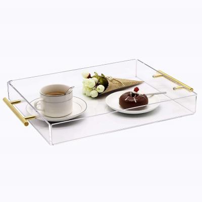 China Clear Acrylic Serving Tray with Golden Handles Huge Capacity Sturdy Acrylic Tray for Coffee Juice Kitchen and Desk Organizer JH-YM for sale