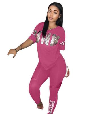 China Breathable Casual 2 Piece Set Suit Women's Tracksuits Set Pink Letter Print Plus Size Sweatsuit 3XL Top And Skinny Pants 2pcs Outfits for sale