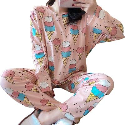 China Summer QUICK DRY Milk Silk Sleepwear Skirt Around The Neck Cute Cartoon Printing Women Long Sleeve Pajamas for sale