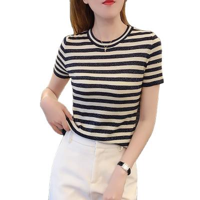 China oversized women designer striped t-shirts anti-wrinkle autumn knitwear sweater t-shirt t-shirt for women for sale