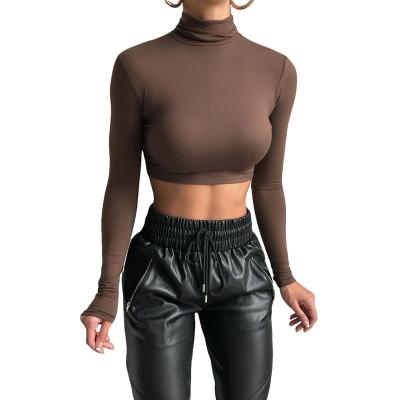 China Anti-Wrinkle Crop Sleeve Crewneck Women Custom Solid Slim Fit Long Turtle Neck Sexy Top Elastic Cool Girl T-shirt Inside Wear for sale