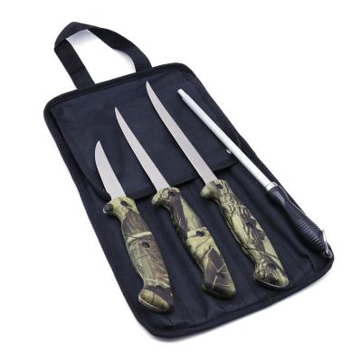 China Survival Stainless Steel Hunting Knife Kit Cutting Board Non-variable Outdoor Camping Knife Set With Carry Bag for sale