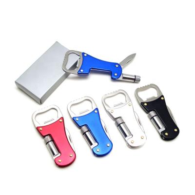 China Viable 4 in 1 Multi Function Bottle Opener Mini Pocket Knife Stainless Steel Key Chain Multi Tool with Flashlight for sale