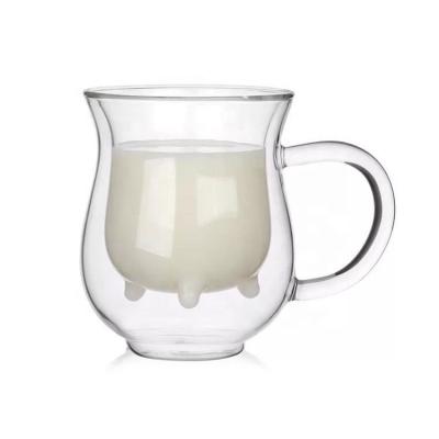 China High Ware Safe Borosilicate Food Grade Wall Mug Cow Transparent Heat Resistant Handmade Milk Glass Double Tall With Handle for sale