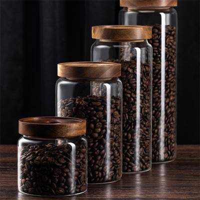 China WholesaleHigh Freshness Clear Wooden Lid Storage Preservation 250ml 450ml 750ml 950ml Borosilicate Acacia Glass Jar for sale