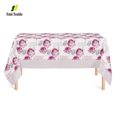 China Oilproof romantic plum blossom purple 100% polyester fabric 150gsm waterproof dining table cloth for decor for sale