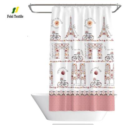 China Sustainable Paris Eiffel Tower Famous Pattern Building Pink Shower Curtain 72*84