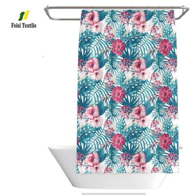 China Sublimation burgundy cortina de ducha flower pattern viable green palm leaf shower curtain for bathroom for sale